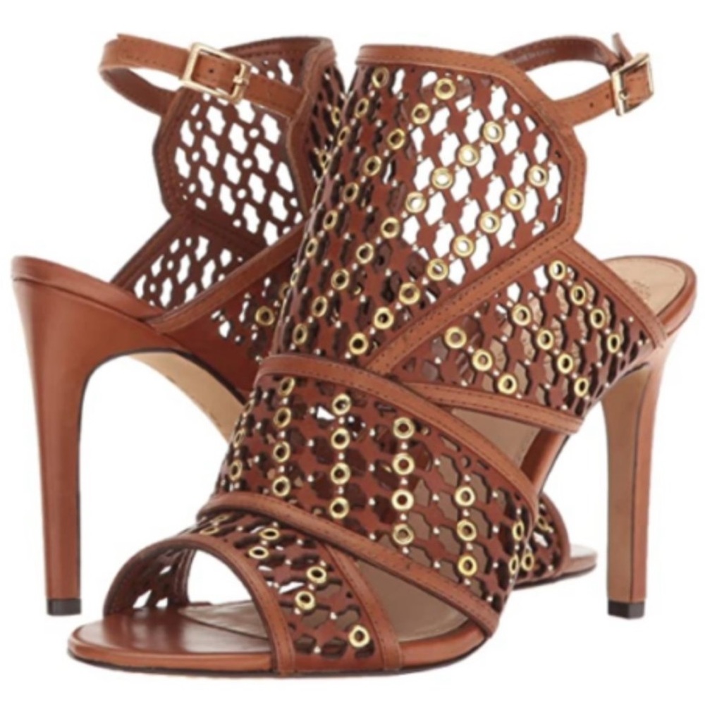 Vince Camuto Women Korthina Whiskey Gold Caged Ankle Shootie Heel Sandal Sz 8.5